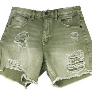 UO BDG Dropped Waist Ripped Shorts Olive Green Sz 25 High Rise Casual Boho Beach
